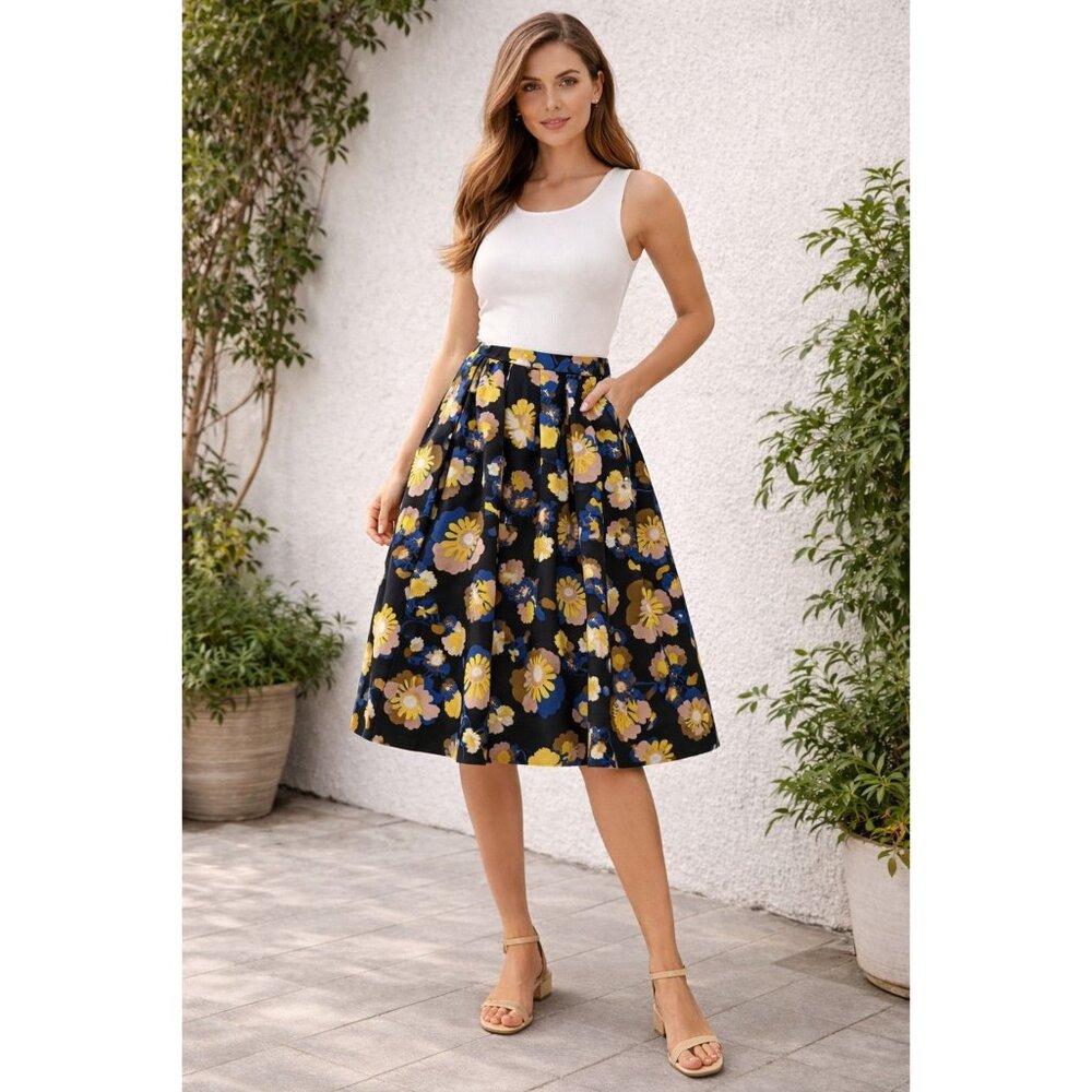 NWT $1035 Rochas Sunny Smile Floral Pleated Mid Length Skirt Black Size 8